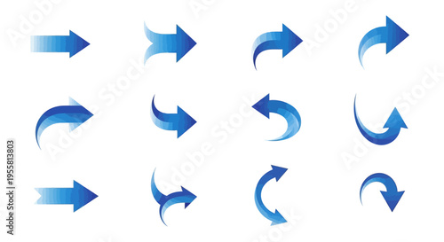 Collection of blue gradient arrows with different shapes and directions, perfect for design and navigation elements