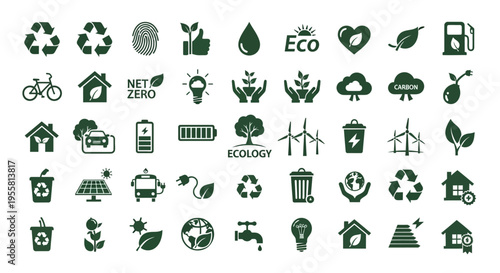 Collection of Green Energy and Eco-Friendly Icons Representing Sustainability and Environmental Conservation Efforts