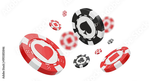 Dynamic scattering of vibrant red and black casino chips, illustrating gambling, poker, and game success concepts