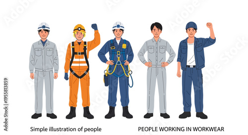 Vector illustration of diverse male professional workers in workwear and safety gear, representing various industrial and construction occupations, ready for action