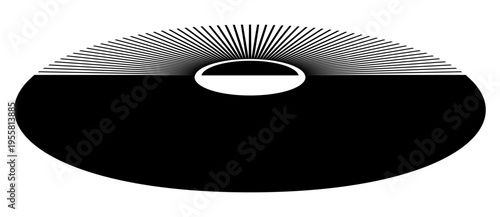 Abstract black and white perspective composition with radiating lines over a solid black form and a central white horizontal ring. Minimalist, geometric design isolated on white background.