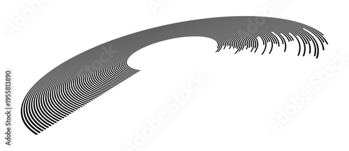 Abstract black vector flow of curving lines in perspective. Dense concentric arcs tapering to a point. Dynamic pattern suggesting motion, speed, data, or network structure. Minimal design.
