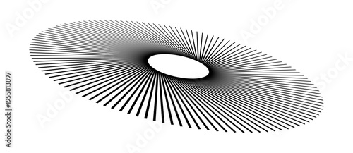 Abstract black vector lines radiating from a central white void. Elliptical perspective on white background, creating a high-contrast geometric pattern and sense of infinite depth.
