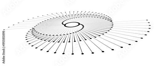 Abstract black vector galaxy spiral with radiating dot-ended lines. Minimalist perspective view of a network connectivity array and data flow system on isolated white background.