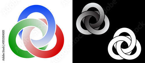 Three interlocked rings forming a trefoil knot in RGB and monochrome versions. 3D gradient symbol of unity and connection. Modern geometric logo set for branding and technology.