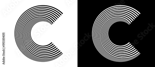 Abstract letter C shape made of parallel concentric stripes on white and black backgrounds. Geometric arc logo with optical illusion effect. Minimal monochrome set for branding.