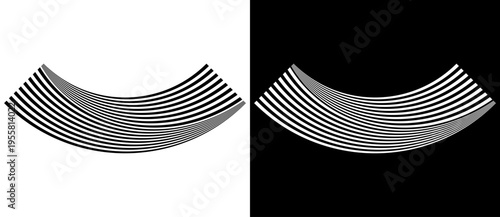 Abstract curved stripe band with bold parallel lines on white and black backgrounds. Dynamic arc shape with motion and perspective effect. Minimal monochrome set for design.