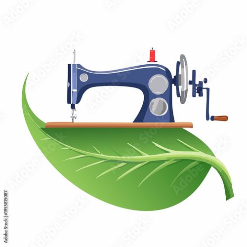 Ekologiczne szycie i moda zrównoważona, maszyna do szycia na liściu jako symbol produkcji przyjaznej środowisku i recyklingu tkanin.