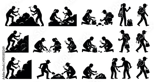 Fossil Hunters Silhouettes Set Pack. Editable Vector Stroke Illustration. featuring archaeology, exploration, excavation, discovery, paleontologist, geologist, adventure, research, science, field more