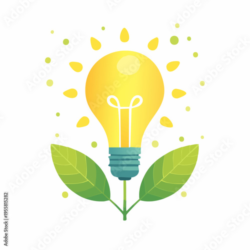 Zielona energia i ekologiczny pomysł, żarówka z liśćmi jako symbol oszczędzania prądu, innowacje i zrównoważony rozwój.