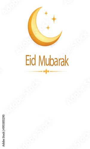 Simple golden crescent moon and stars graphic wishes everyone a blessed and happy Eid Mubarak celebration greeting.