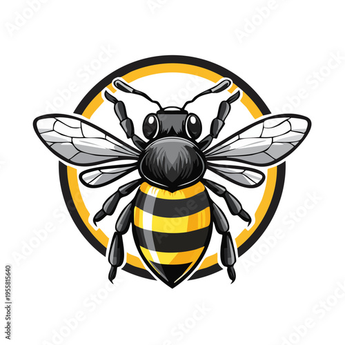 Stylized bee illustration with black and yellow stripes inside a circle emblem