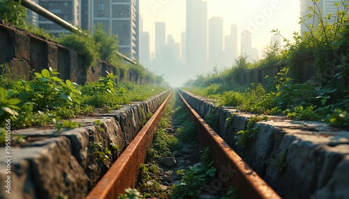 Abandoned train tracks overgrown with plants in urban area. Rusty rails disappear into city skyline fog. Overgrown nature reclaims industrial infrastructure in neglected place.