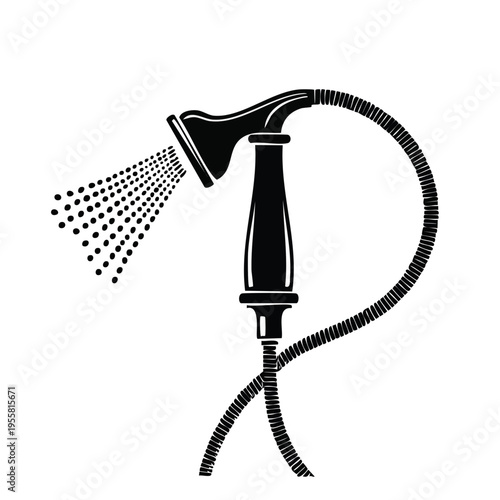 Black silhouette of a vintage shower head spraying water with a flexible hose