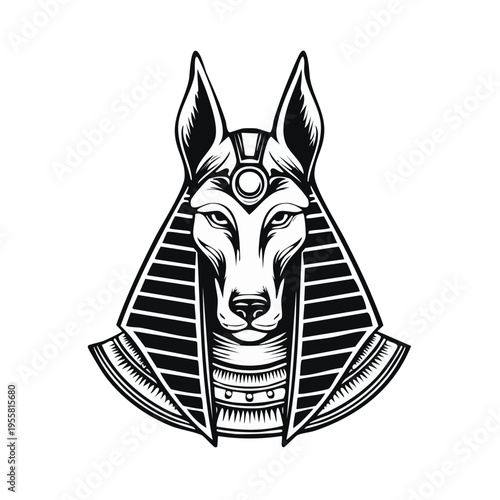 Stylized Jackal Head in Ancient Egyptian Nemes Headdress Black and White