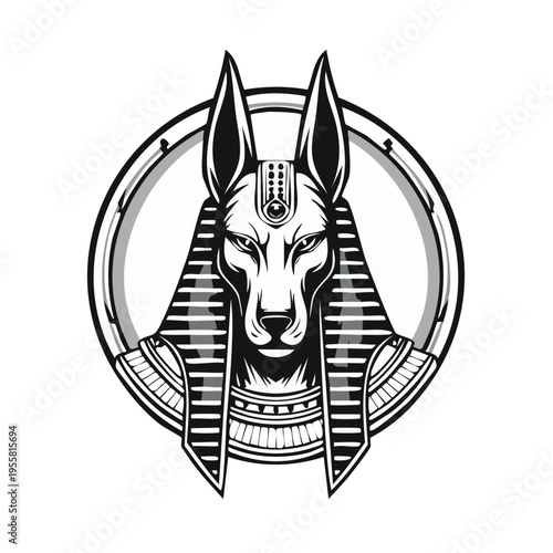 Ancient Egyptian jackal headed deity graphic illustration in black and white