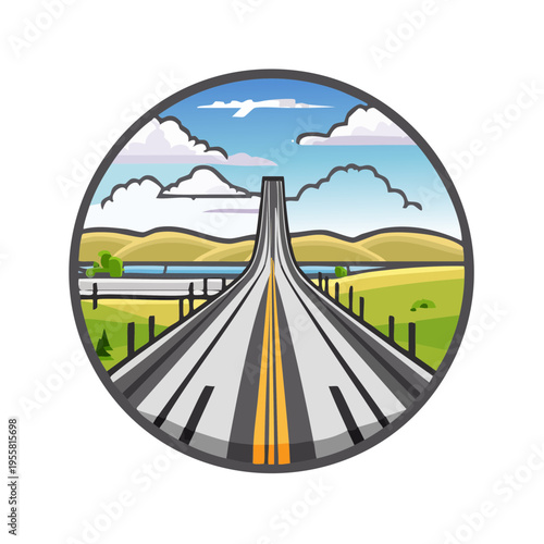 Vibrant highway disappearing into a distant bridge over a river and rolling hills