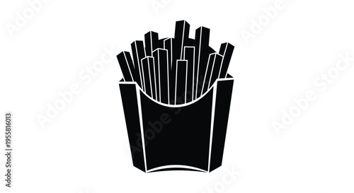 Black and white illustration of french fries in a paper container