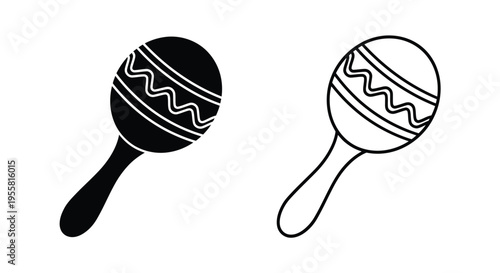 Two maracas one filled and one outline displayed in a simple black and white illustration