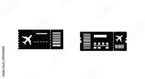 Two black airplane tickets with barcodes isolated on a white background