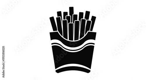 Black and white illustration of french fries in a paper container