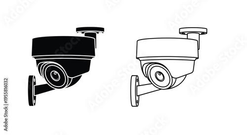 Two security cameras depicted in a black and white line art style