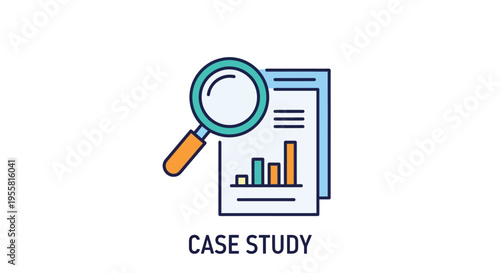 Magnifying glass over a bar graph and document depicting case study analysis