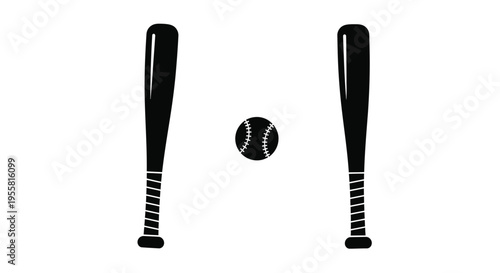 Baseball equipment two bats and a ball displayed in a simple arrangement