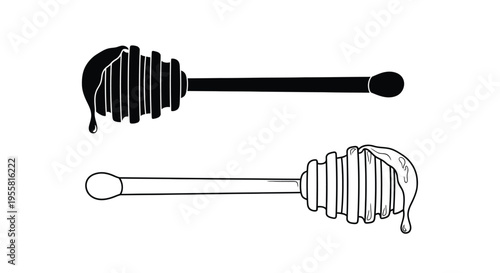 Two black and white illustrations of honey dippers with dripping honey