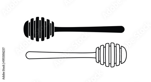 Two honey dippers illustrated in contrasting black and white styles