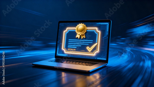 technology digital certificate laptop screen displaying glowing neon icon with gold seal and checkmark on dark blue motion blur background representing online education authentication security trust v