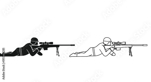 Sniper in prone position illustrated in black and white with two variations