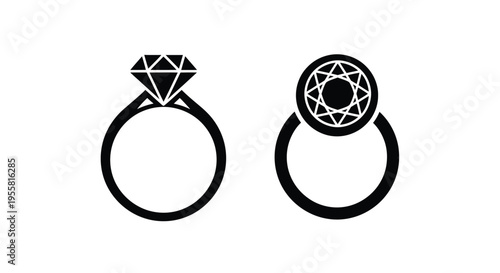 Two black and white icons depicting a diamond ring and a gemstone