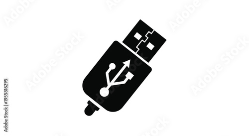 A black and white illustration of a standard usb flash drive