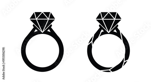Two black and white diamond rings one intact and one fractured