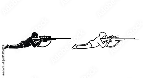 Silhouette of a sniper lying prone with a rifle shown in two variations