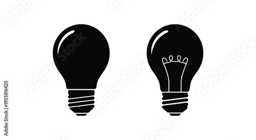 Two black silhouettes of light bulbs one with visible filament