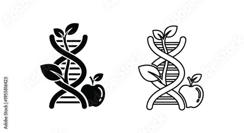 Dna helix with plant and apple elements in black and white design