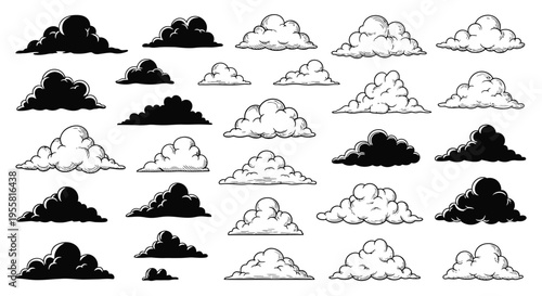 Collection of various hand drawn style clouds in black and white
