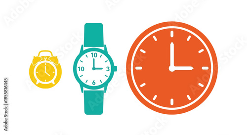 Colorful illustration depicting a wristwatch pocket watch and wall clock