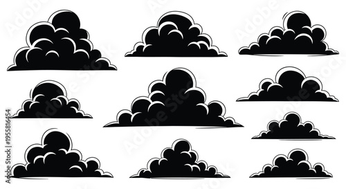 Collection of stylized black clouds arranged on a white background