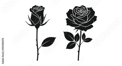 Two black silhouette roses with stems and leaves on a white background