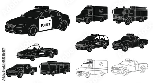 Black and white illustration of various emergency and public service vehicles