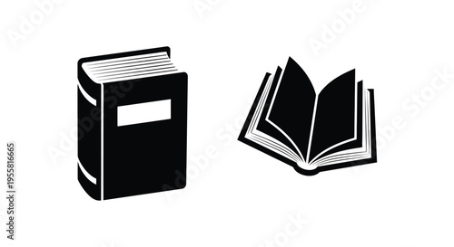 Two black book icons one closed one open with pages displayed