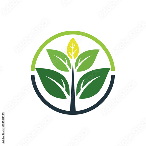 Stylized green plant growing upward in a circular frame symbolizing nature and growth