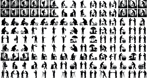 Mushroom Foragers Silhouettes Set Pack. Editable Vector Stroke Illustration. featuring silhouette, vector, graphic, illustration, mushroom, foraging, harvesting, gathering, nature, forest more