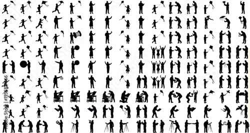  Kite Flying Festival Silhouettes Set Pack. Editable Vector Stroke Illustration. featuring silhouette, graphic, illustration, people, activity, collection, flying, kite, sport, reading, science more