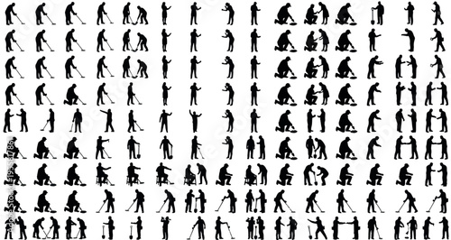 Metal Detecting Hobbyists Silhouettes Set Pack. Editable Vector Stroke Illustration. featuring silhouettes, people, collection, set, variety, diverse, pose, person, man, woman, detector, metal more