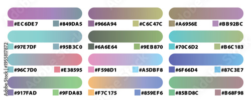 Set of 12 modern gradient color palettes vector with HEX codes for web design and branding