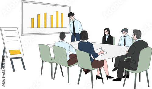 Large team business meeting with bar chart presentation in conference room flat illustration